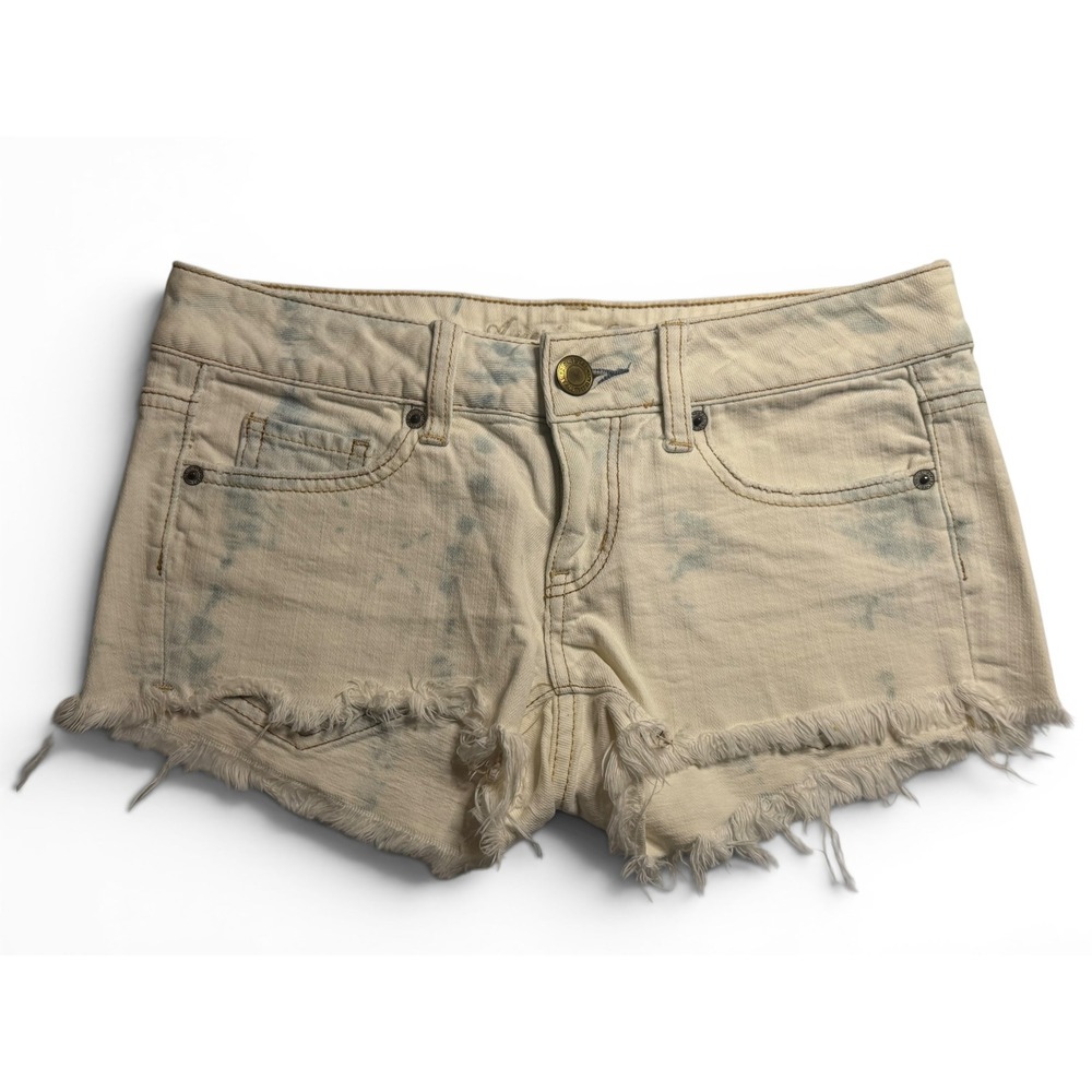 American Eagle Shorts Cream Blue‎ Acid Wash Frayed Cut Off Low Rise Size 0 Women
